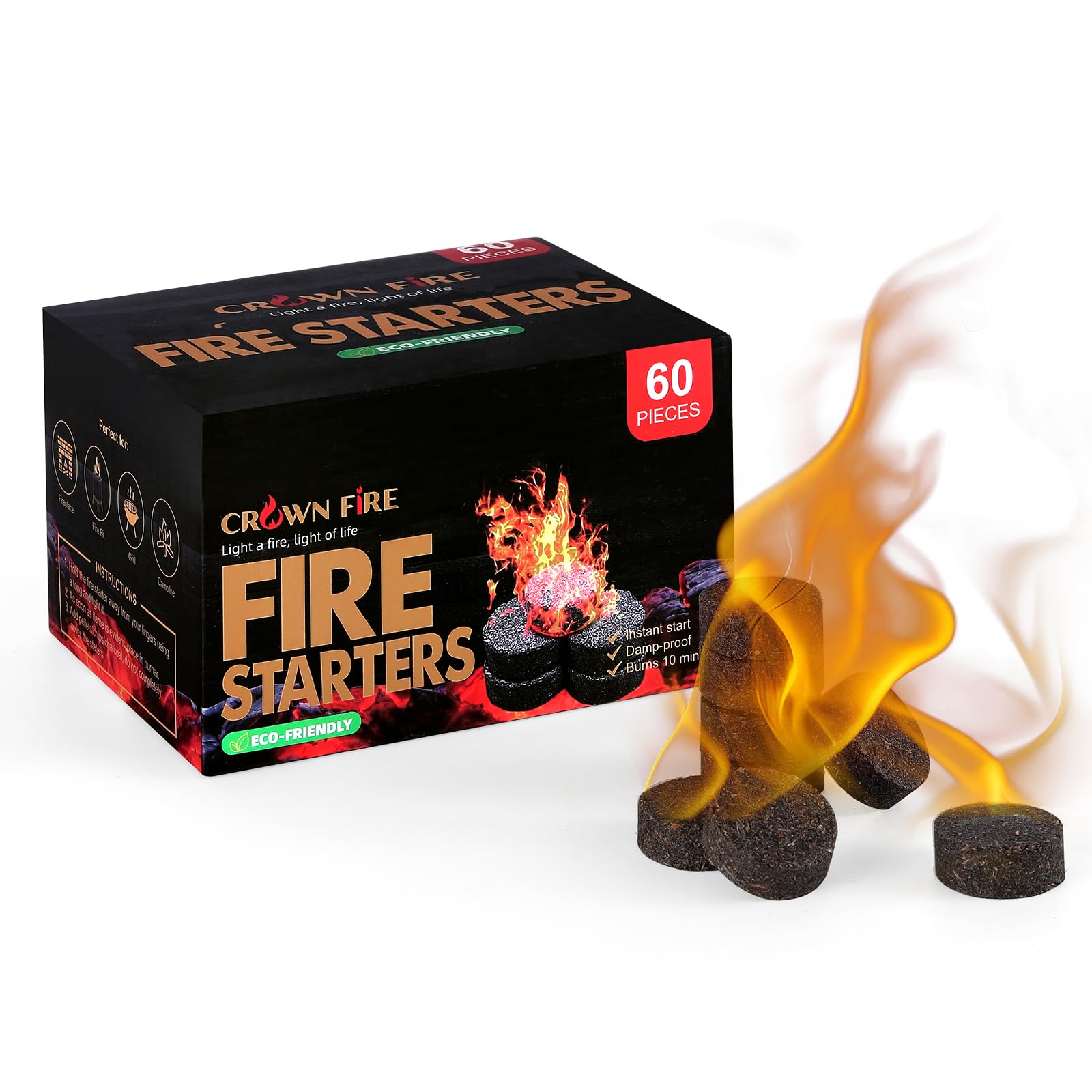 CROWN FIRE fire starters pack closeup ready for quick ignition during camping.