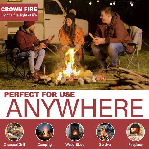 CROWN FIRE indoor-outdoor firestarter for fireplaces, grills, and campfires.