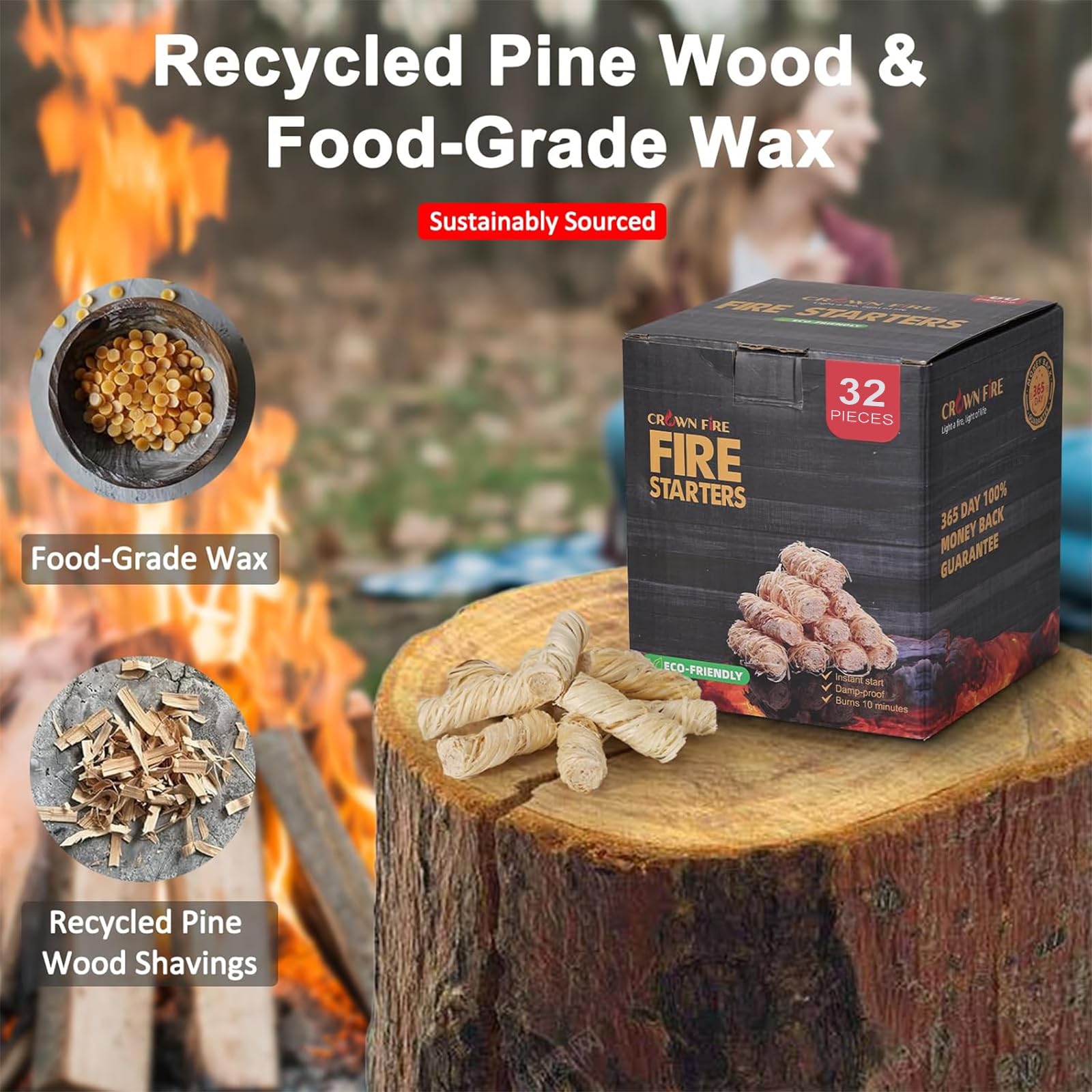 CROWN FIRE long-burn firestarter sustains flame for bigger, longer fires.