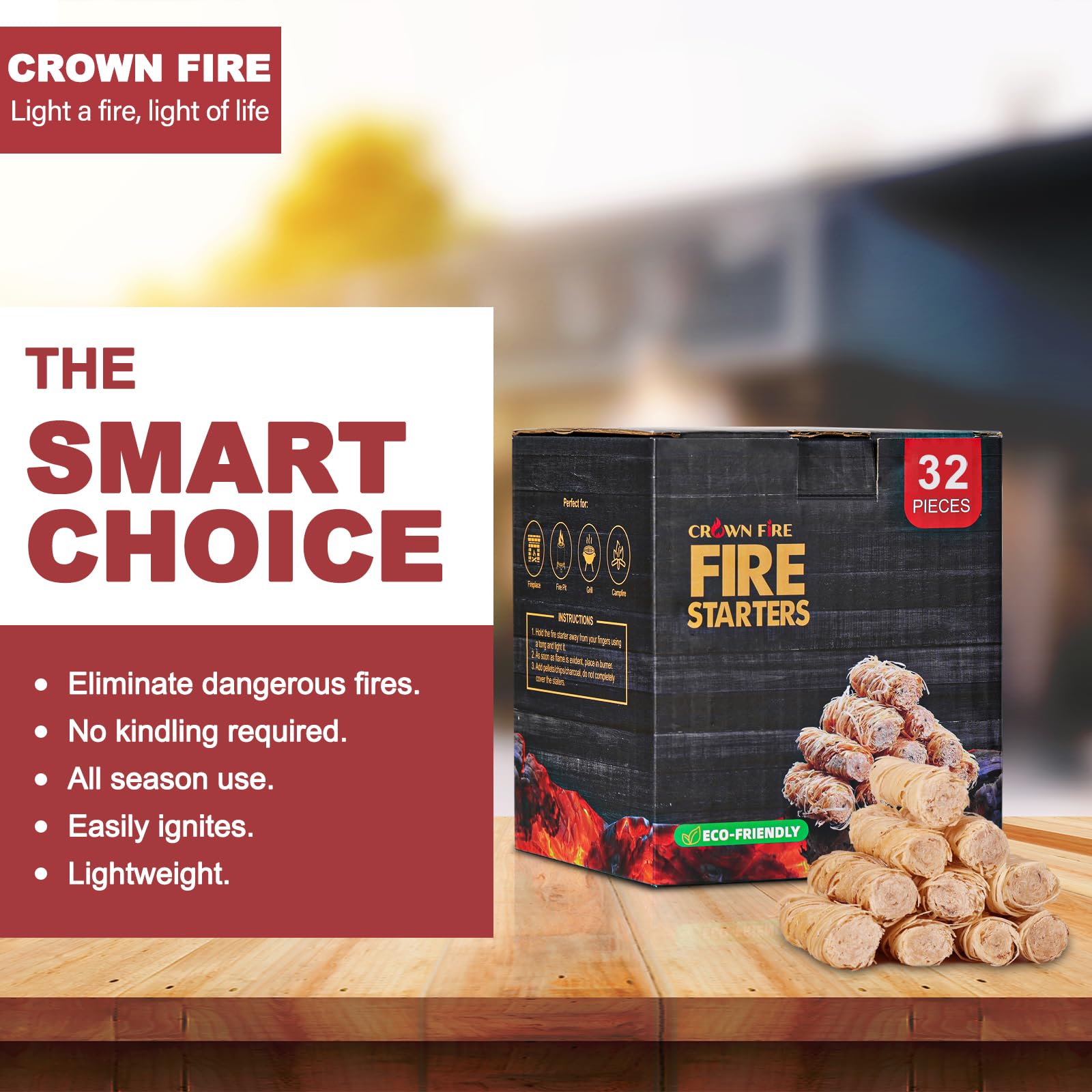 CROWN FIRE no-odor firestarter provides clean burn for indoor or outdoor cooking.