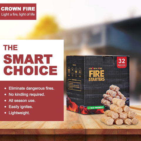 CROWN FIRE no-odor firestarter provides clean burn for indoor or outdoor cooking.