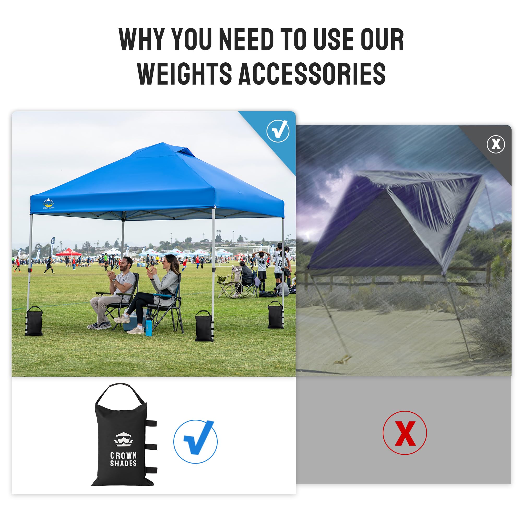 Crown Shades weights stabilize pop-up tents for outdoor events.