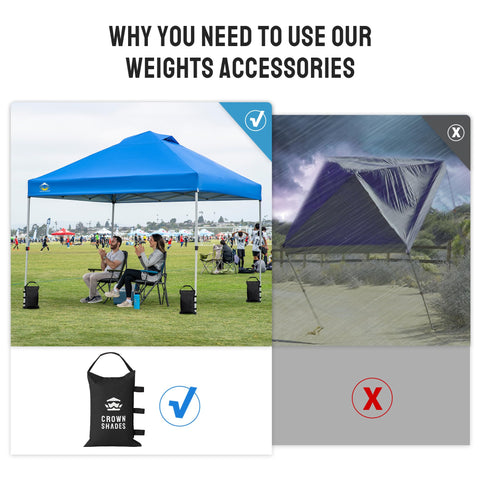 Crown Shades weights stabilize pop-up tents for outdoor events.
