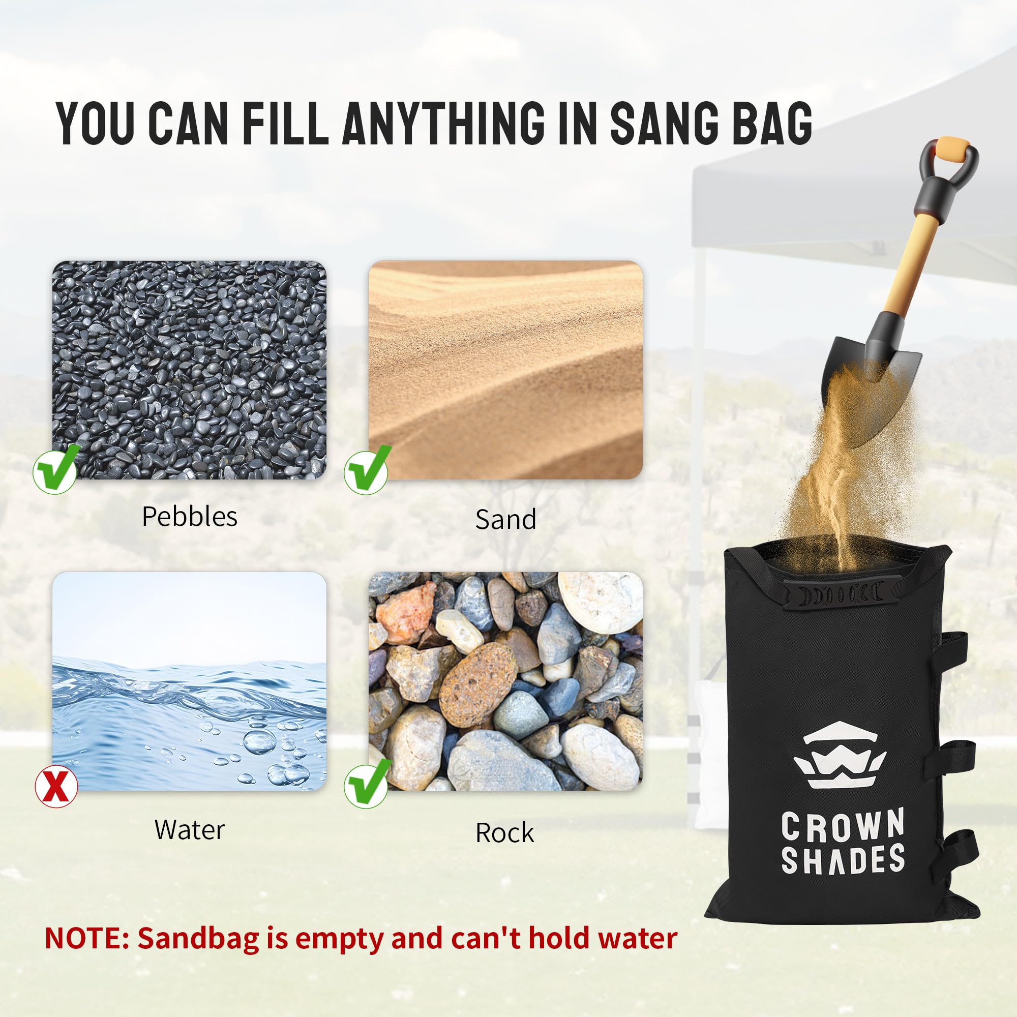 Crown Shades four empty bags support sand, gravel, or stones.