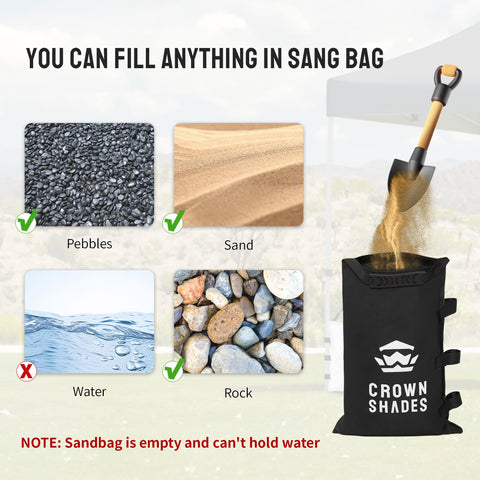 Crown Shades four empty bags support sand, gravel, or stones.