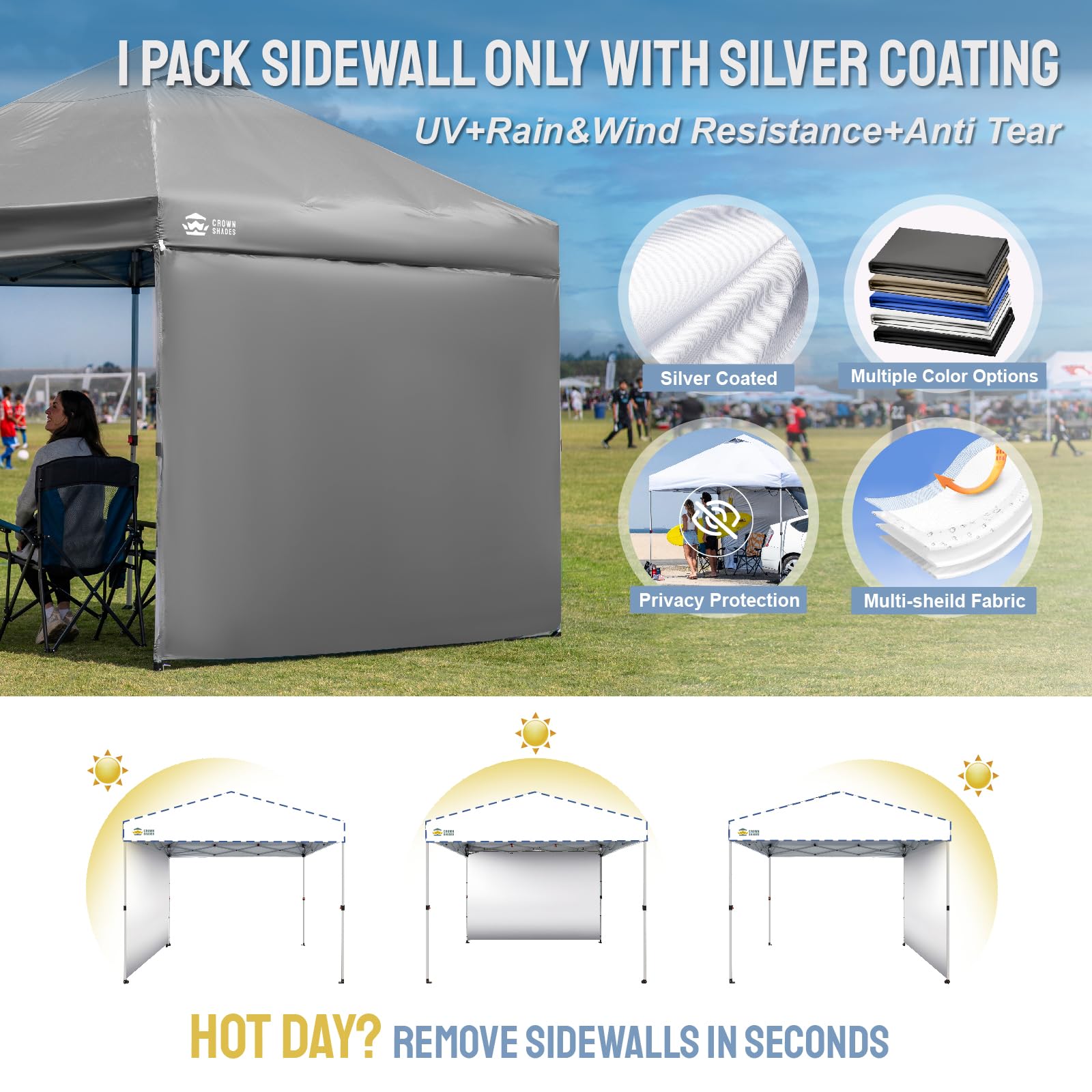 CROWN SHADES SunWall grey color with silver coating for a modern outdoor look.