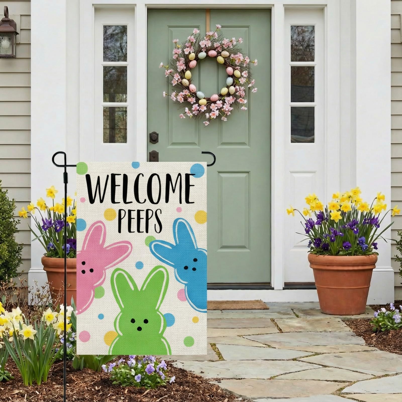 CROWNED BEAUTY bunnies welcome design flag for spring yard decoration.