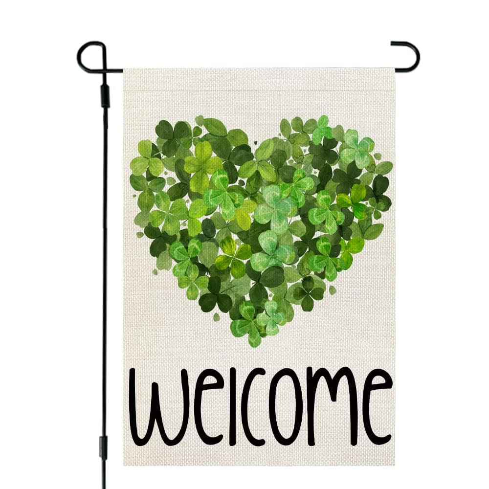 CROWNED BEAUTY St Patrick's Day garden flag with clover heart welcomes guests outdoors.
