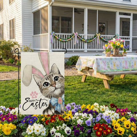 CROWNED BEAUTY Double-sided print Easter flag seen from multiple angles.