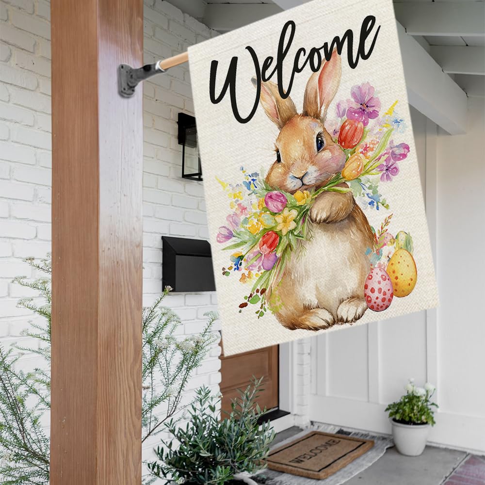 CROWNED BEAUTY Easter Bunny House Flag back view clearly visible from both directions.