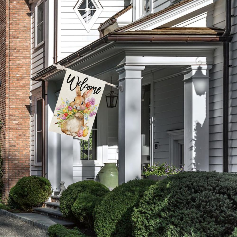 CROWNED BEAUTY Easter Bunny House Flag double-sided print remains legible from all angles.