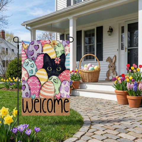 CROWNED BEAUTY flag with bunnies and eggs for outdoor spring appeal.