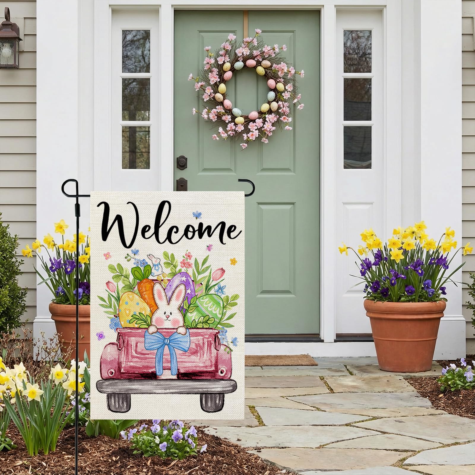 CROWNED BEAUTY burlap-textured Easter flag adds rustic charm to outdoor spaces.