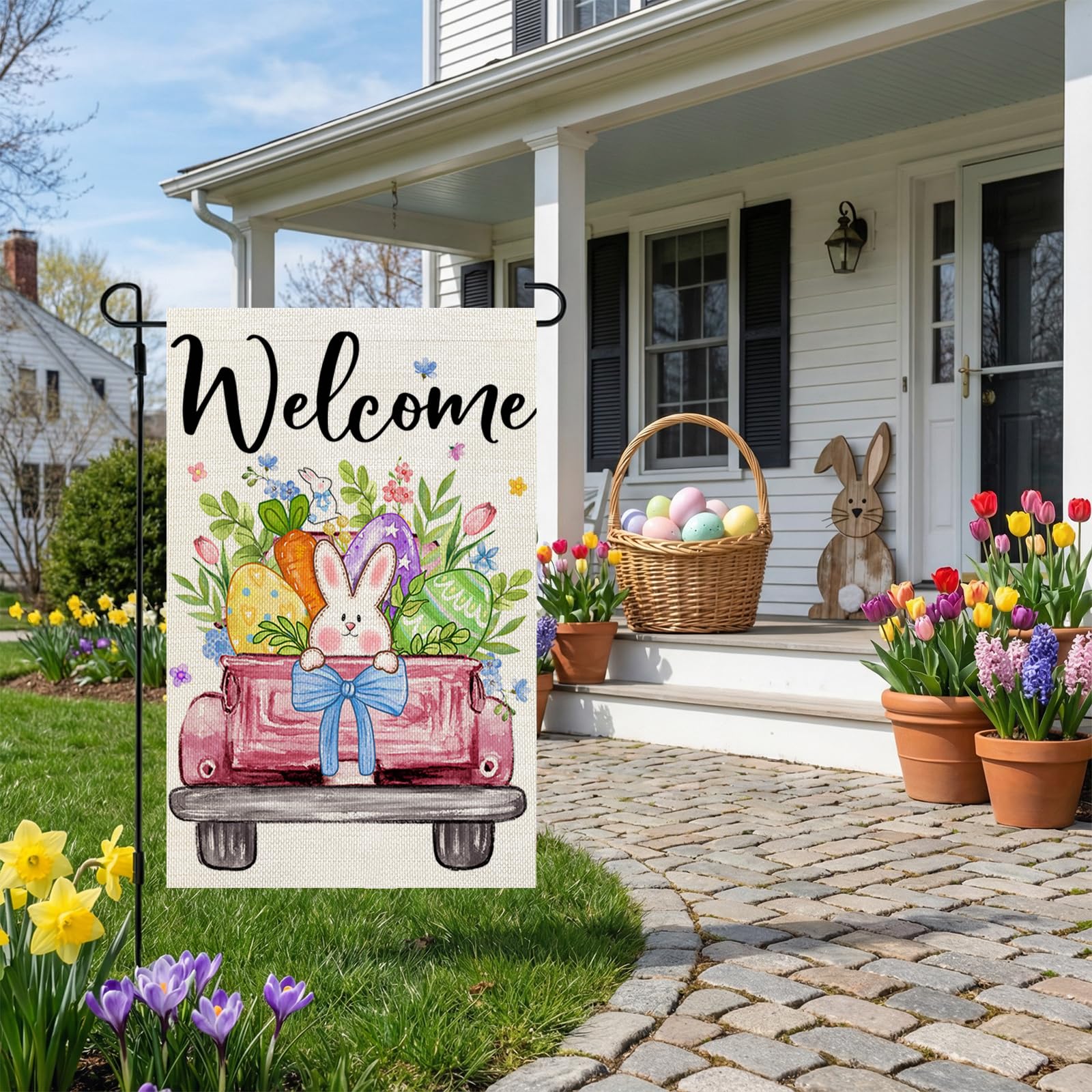 CROWNED BEAUTY Easter flag with double-sided artwork visible from all angles.