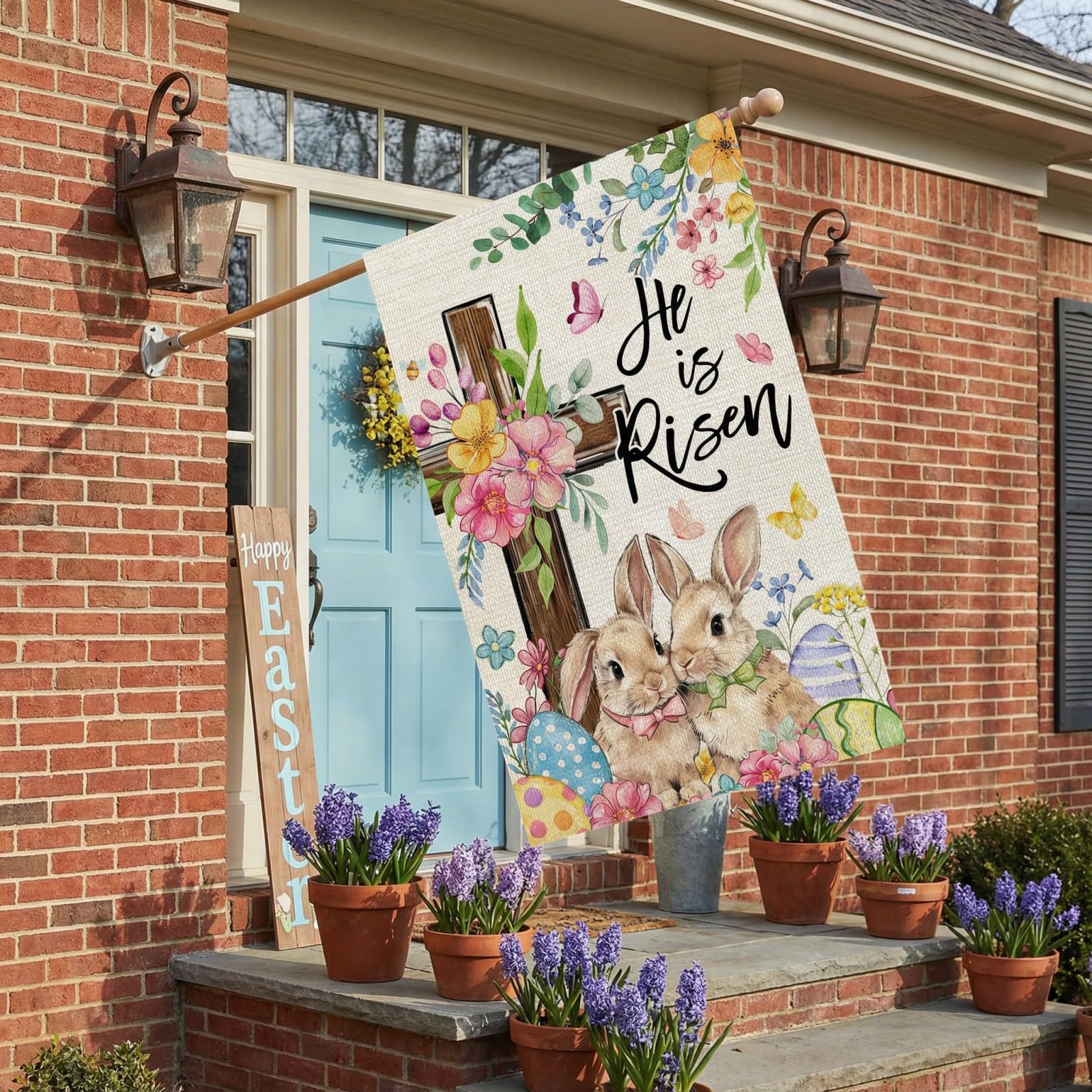CROWNED BEAUTY double-sided Easter flag Hello Peeps showcases vibrant designs from every angle.