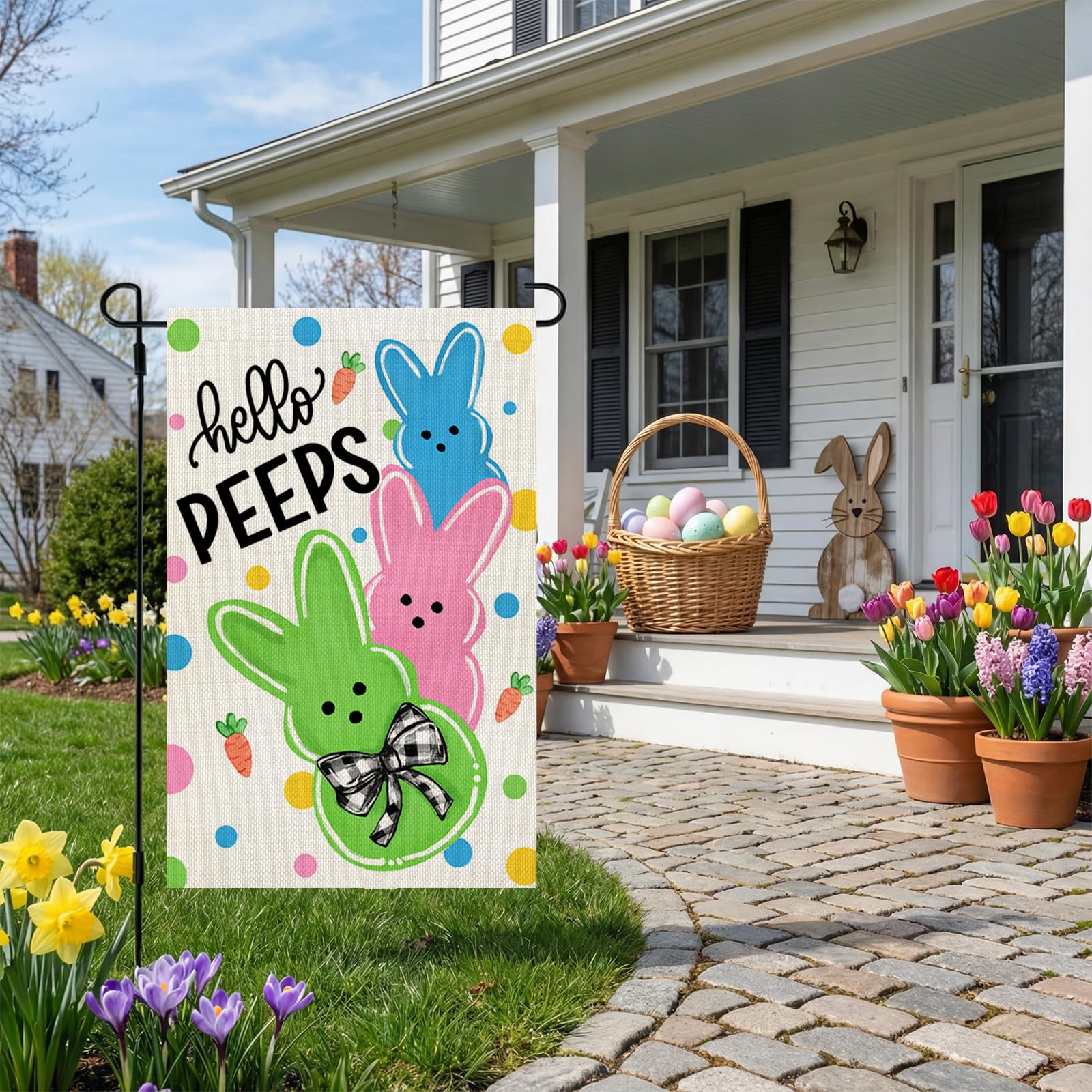 CROWNED BEAUTY eggs and florals Easter flag brightens garden spaces.