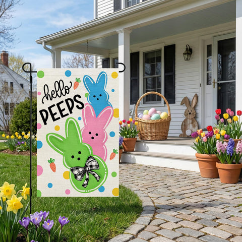 CROWNED BEAUTY eggs and florals Easter flag brightens garden spaces.