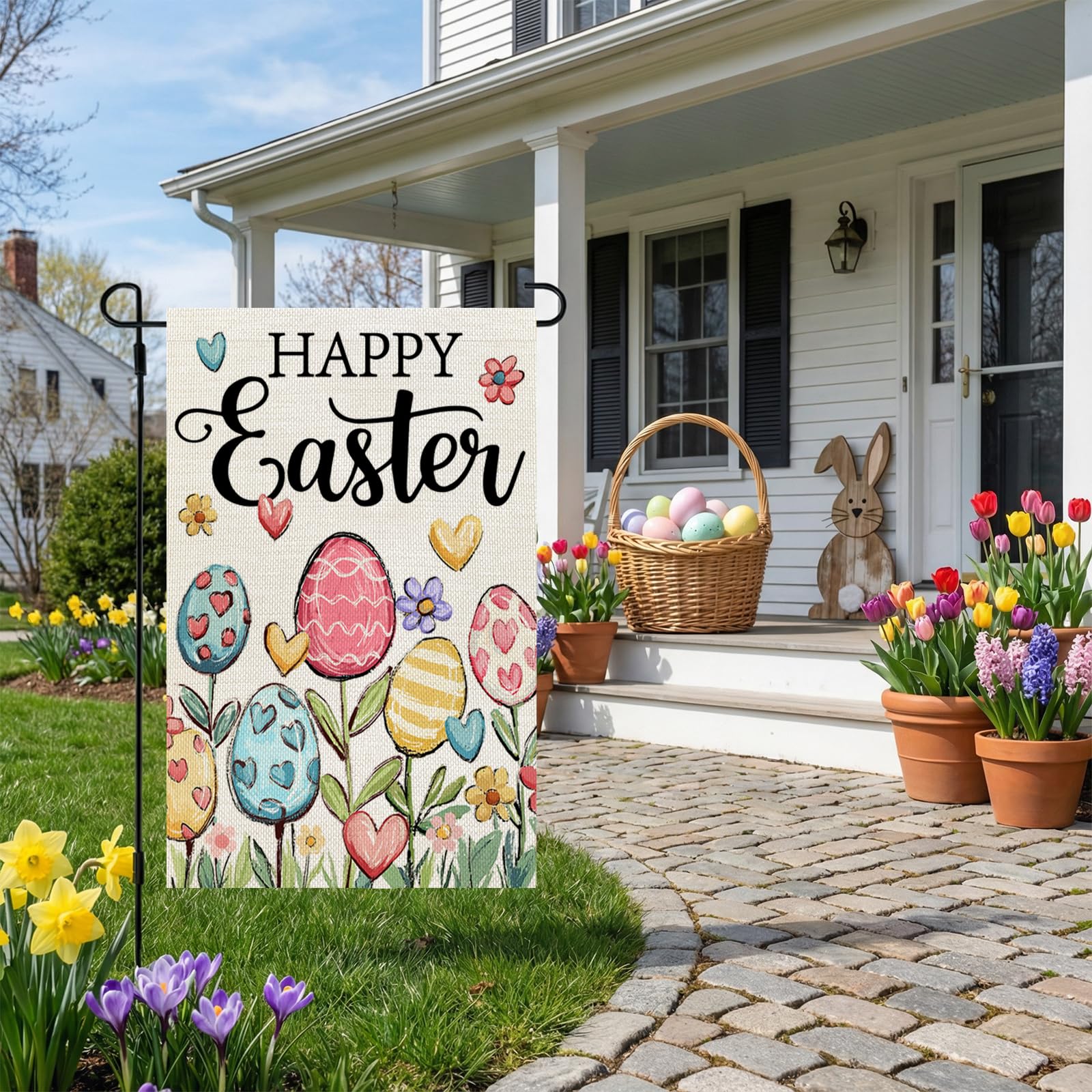 CROWNED BEAUTY Easter Garden Flag features bunnies and eggs to brighten your yard.
