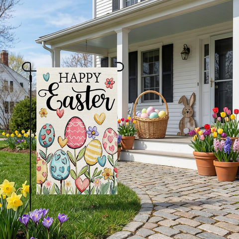 CROWNED BEAUTY Easter Garden Flag features bunnies and eggs to brighten your yard.