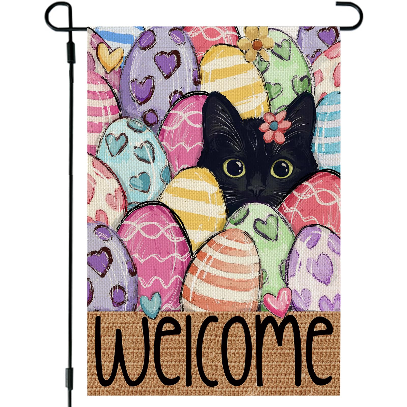 CROWNED BEAUTY Easter garden flag 12x18; bright bunnies and eggs welcome guests outdoors.
