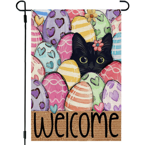 CROWNED BEAUTY Easter garden flag 12x18; bright bunnies and eggs welcome guests outdoors.