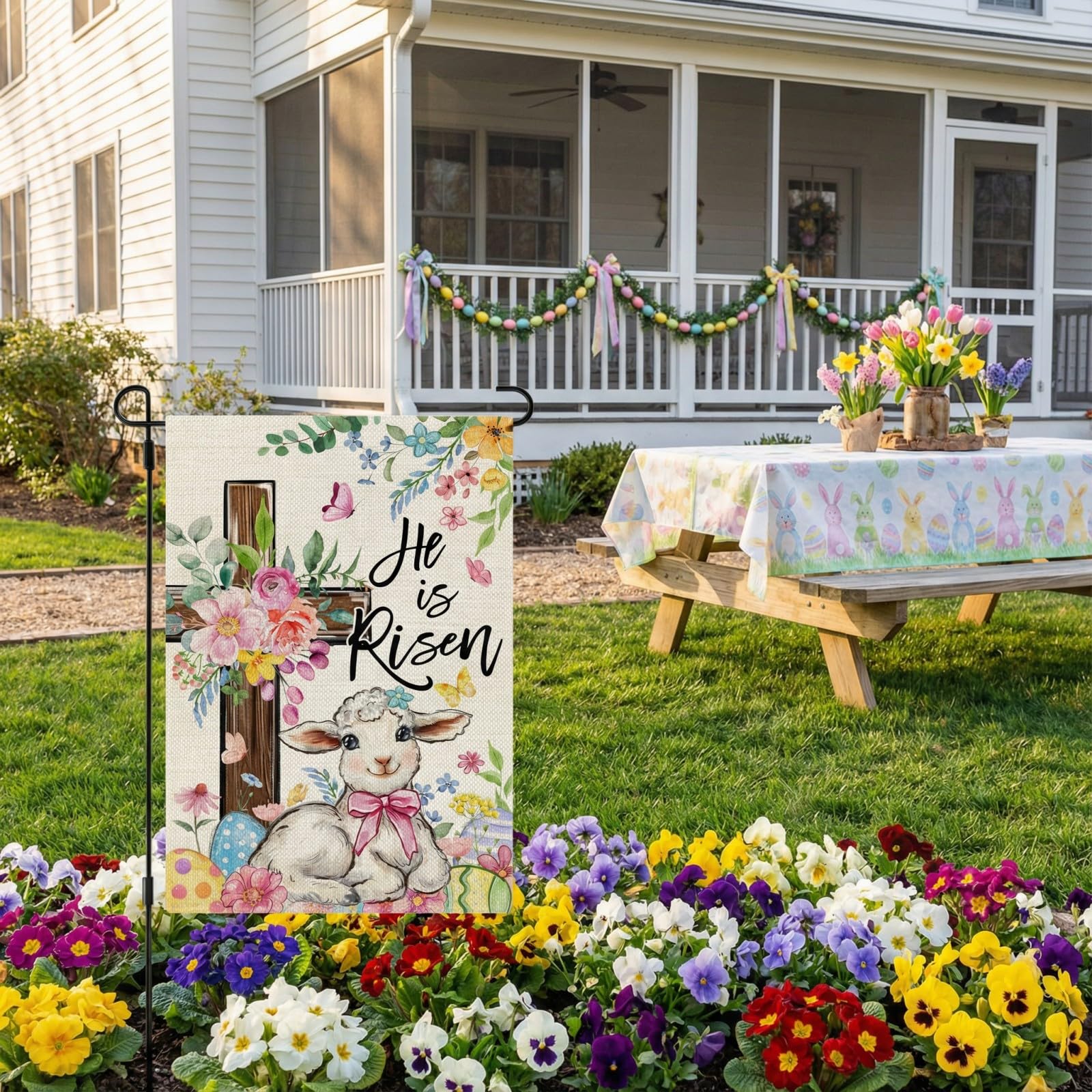 CROWNED BEAUTY flag features bunnies and eggs for festive yard decor.