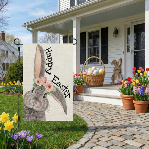 CROWNED BEAUTY Easter Garden Flag Bunny back view for consistent display.
