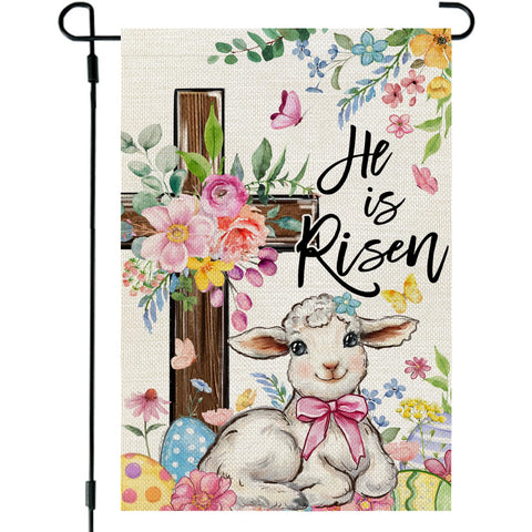 CROWNED BEAUTY Easter garden flag cross design, double-sided for yard visibility.