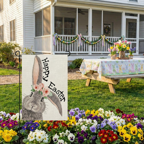 CROWNED BEAUTY Easter Garden Flag double-sided print visible from any angle.