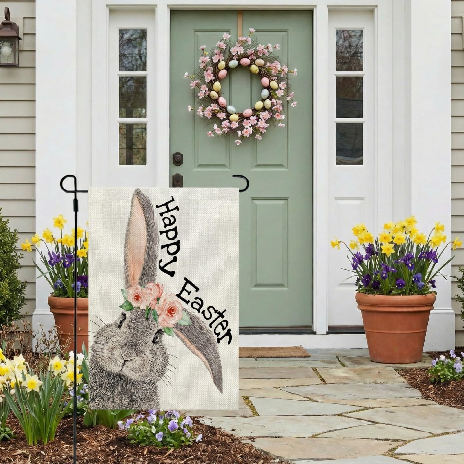 CROWNED BEAUTY Easter Garden Flag durable polyester for weather-ready outdoor use.