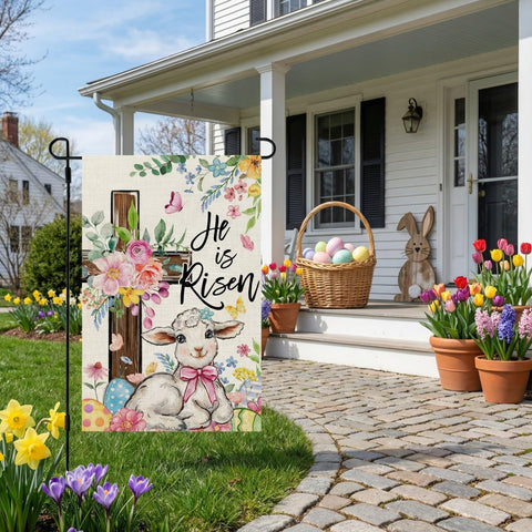 CROWNED BEAUTY Easter flag with floral details adds outdoor seasonal charm.