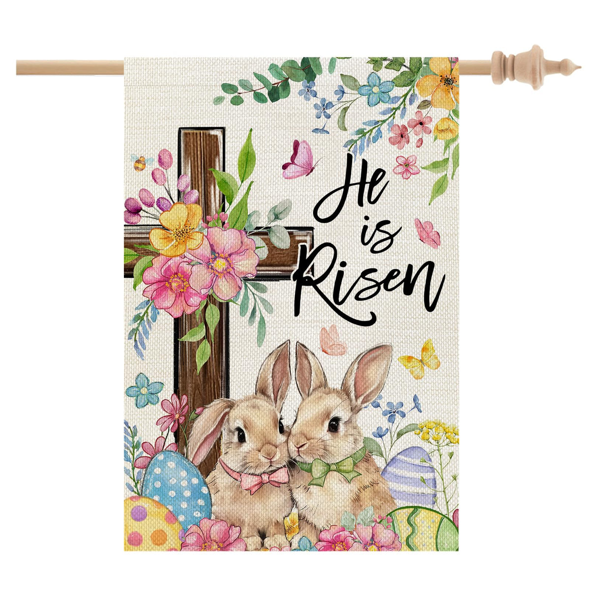 CROWNED BEAUTY Easter house flag Cross Bunny 28x40 greets guests with cheerful outdoor charm.