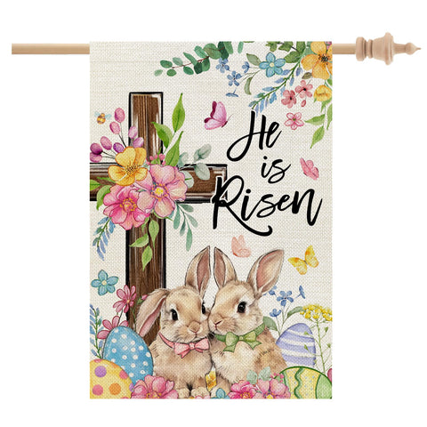 CROWNED BEAUTY Easter house flag Cross Bunny 28x40 greets guests with cheerful outdoor charm.