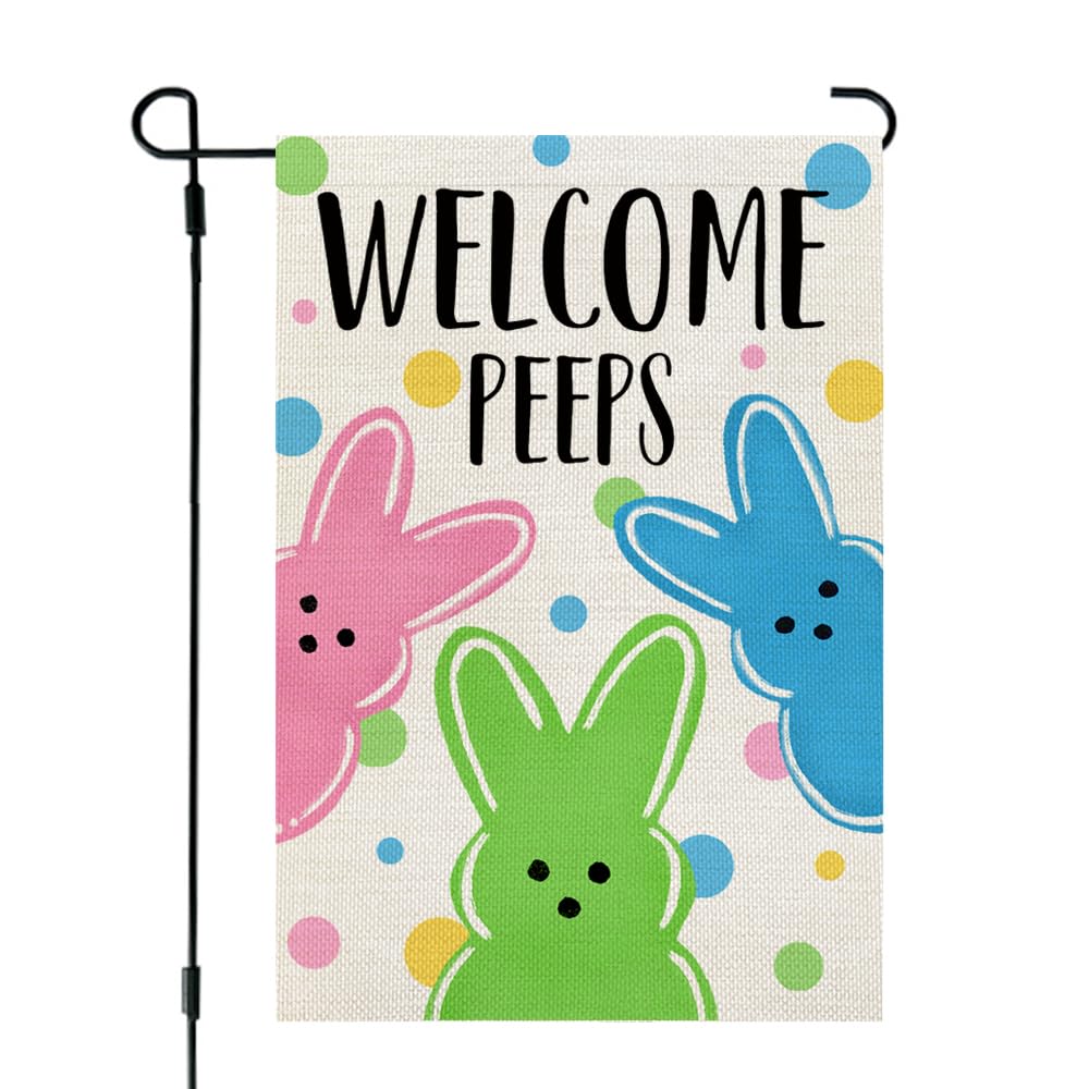CROWNED BEAUTY Easter Welcome Peeps garden flag 12x18 with vibrant colors for outdoor decoration.