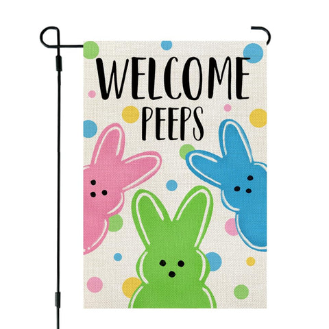 CROWNED BEAUTY Easter Welcome Peeps garden flag 12x18 with vibrant colors for outdoor decoration.