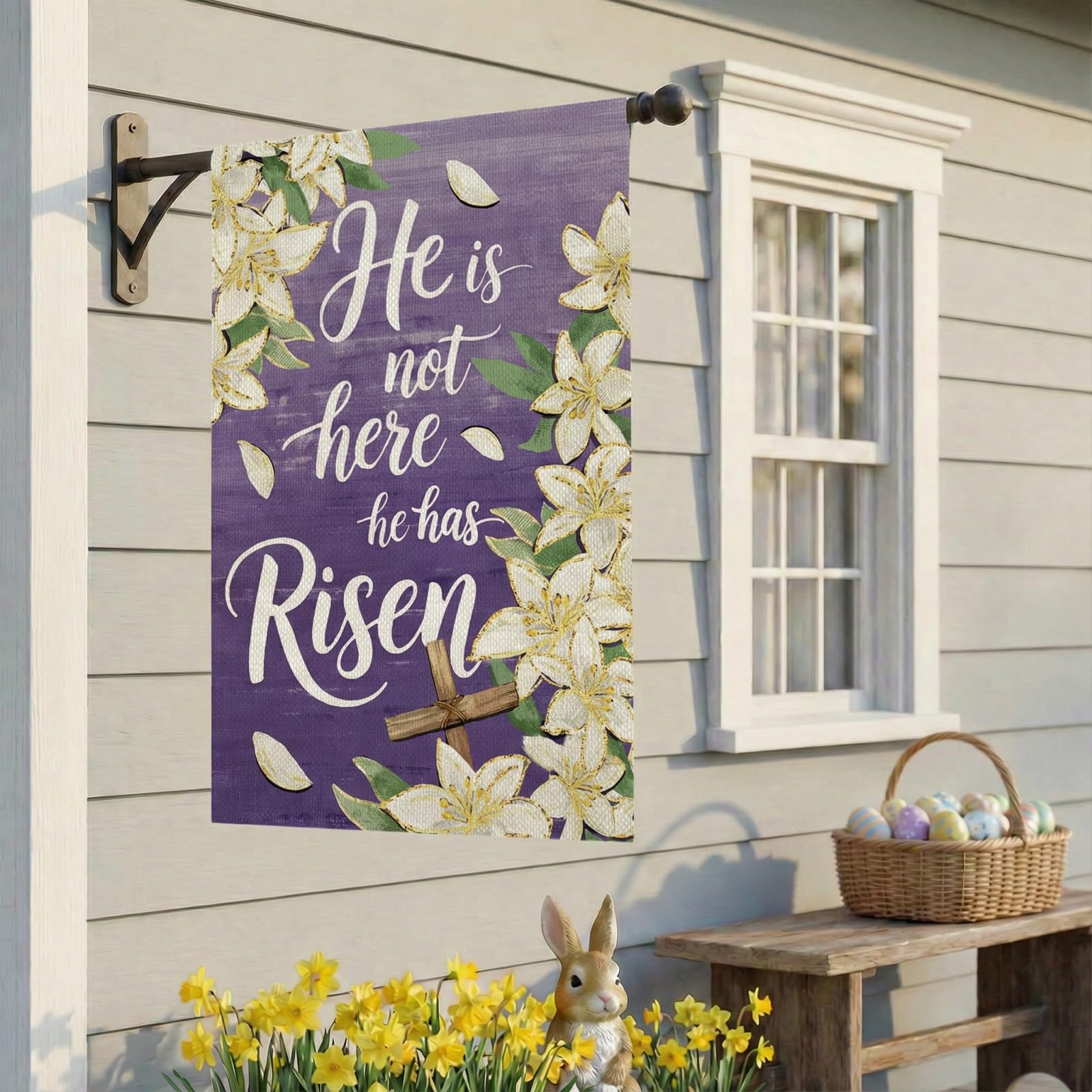 CROWNED BEAUTY garden yard patio welcome flag in outdoor setting