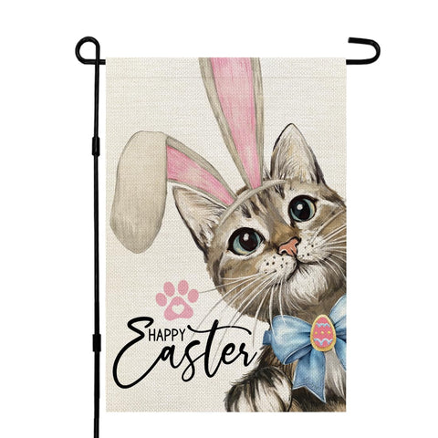 CROWNED BEAUTY Happy Easter Cat flag front view, vibrant outdoor decor for the garden.