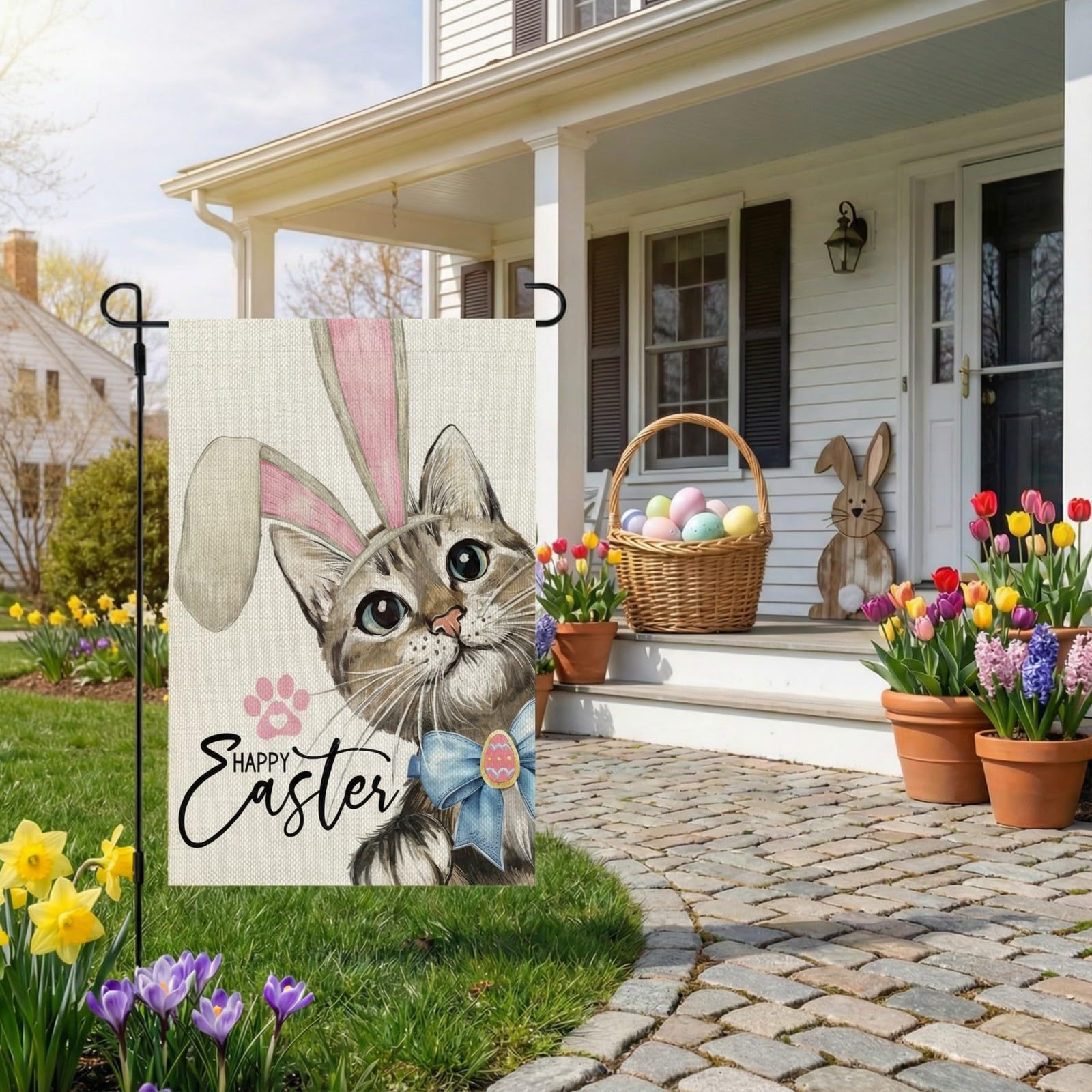 CROWNED BEAUTY Easter cat flag close-up, showcasing hand-sewn stitching and color depth.