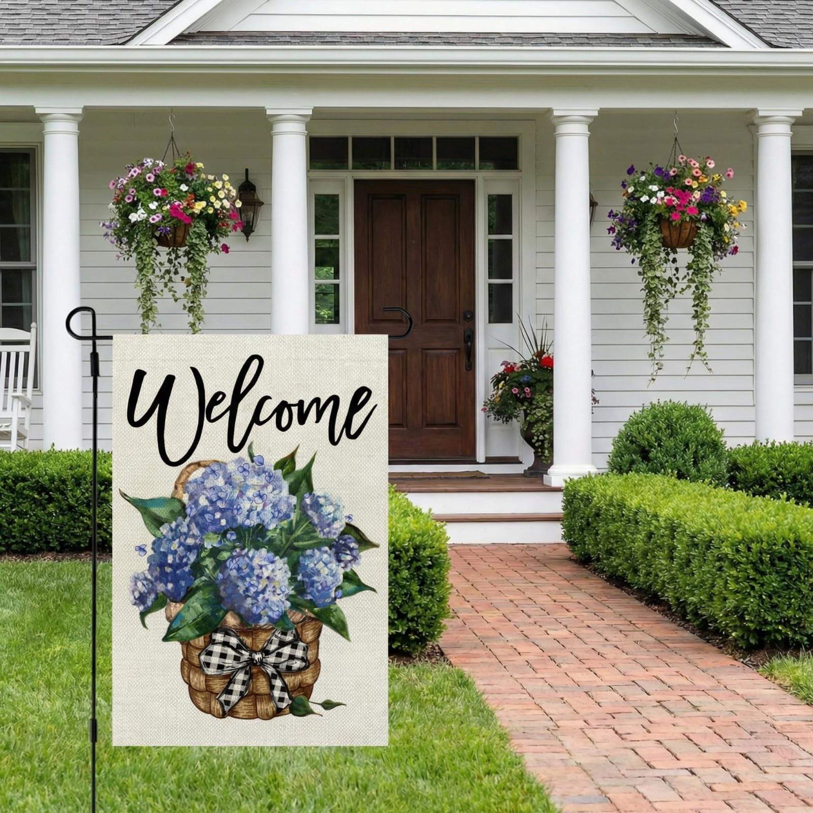CROWNED BEAUTY Hydrangea garden flag sways with breeze, creating a lively outdoor tableau.