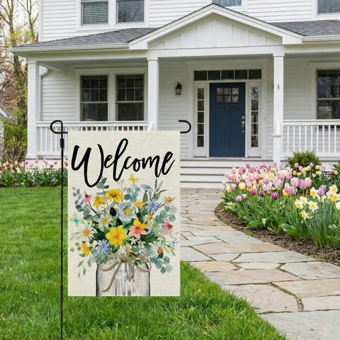 CROWNED BEAUTY flag showcases mason jar motif for charming outdoor décor.