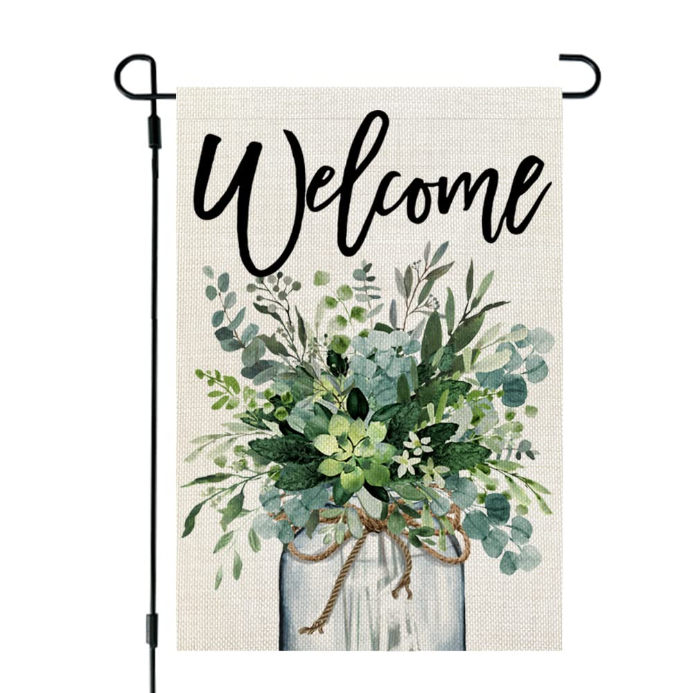 CROWNED BEAUTY spring eucalyptus mason jar flag 12x18 for outdoor welcome displays.
