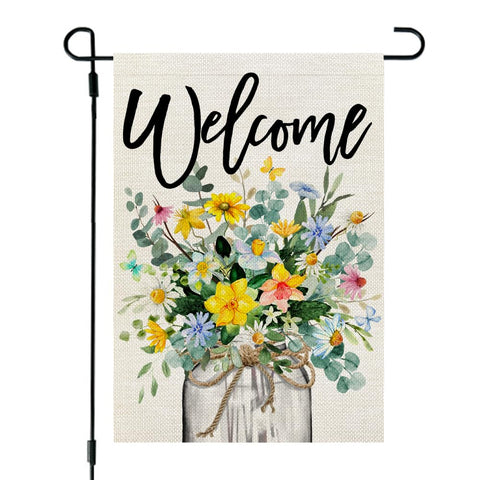 CROWNED BEAUTY spring floral garden flag with mason jar design beautifies outdoor space.