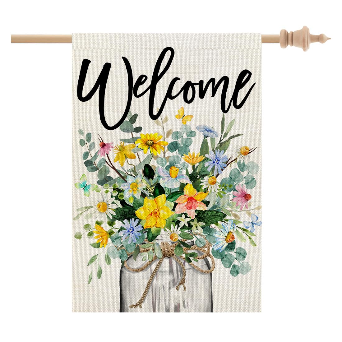 CROWNED BEAUTY spring floral Mason jar flag front view, outdoor welcome
