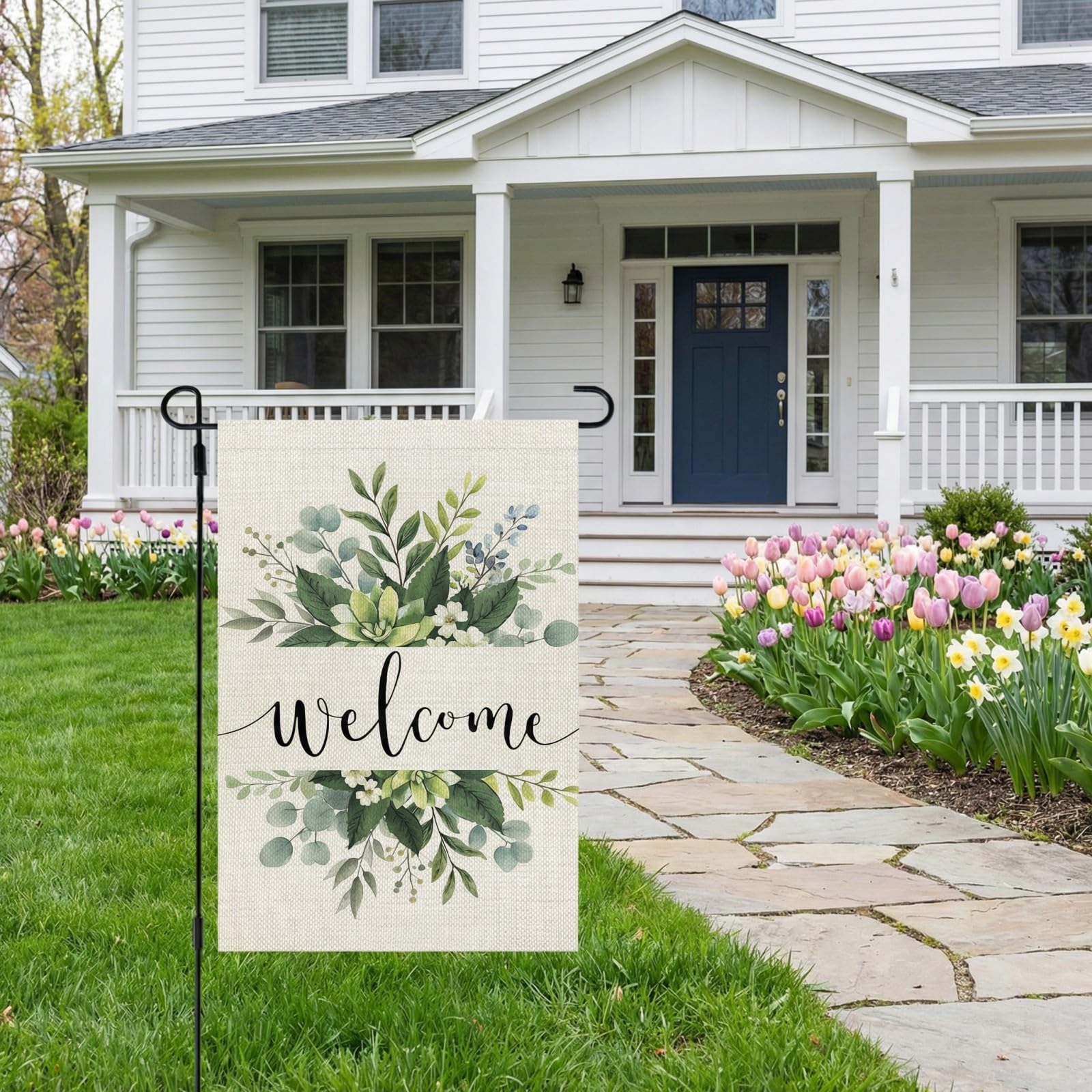 CROWNED BEAUTY spring floral welcome flag back view, double-sided visibility from both sides