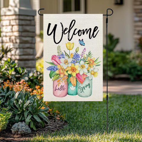 CROWNED BEAUTY spring garden flag back view ensures dual-sided charm in any yard.