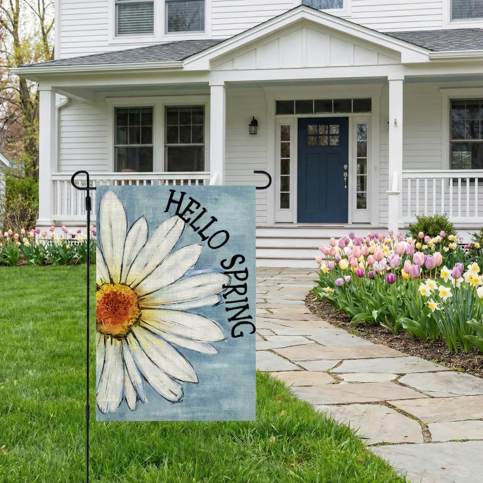 CROWNED BEAUTY spring garden flag daisy back view for even look from all sides
