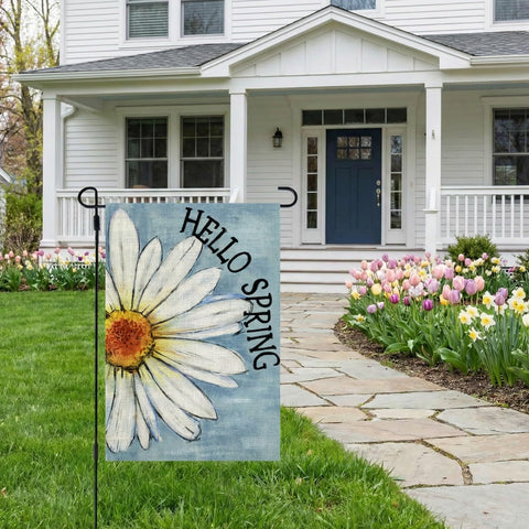 CROWNED BEAUTY spring garden flag daisy back view for even look from all sides