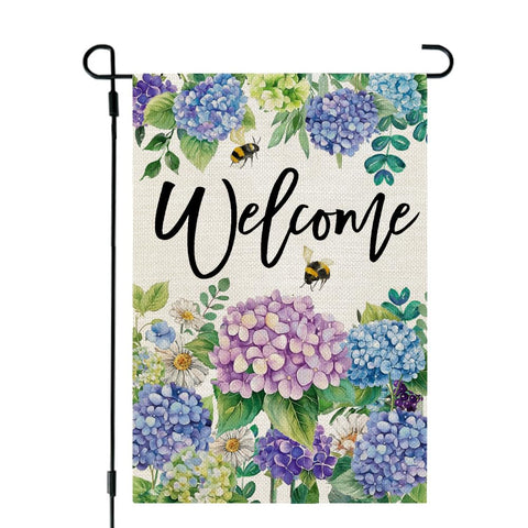 CROWNED BEAUTY spring garden flag with hydrangea, double-sided for porch display