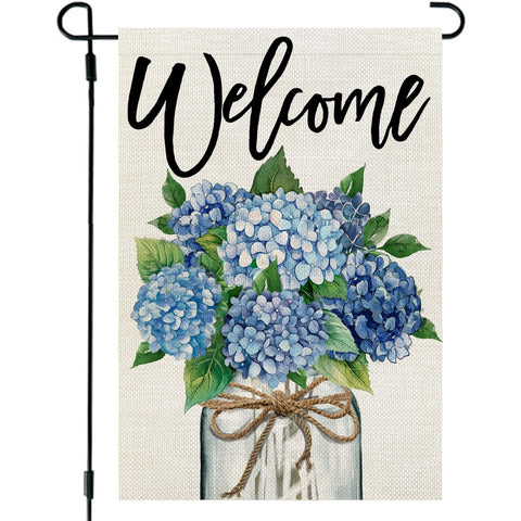 CROWNED BEAUTY spring flag with hydrangea mason jar, double-sided for bright outdoor display