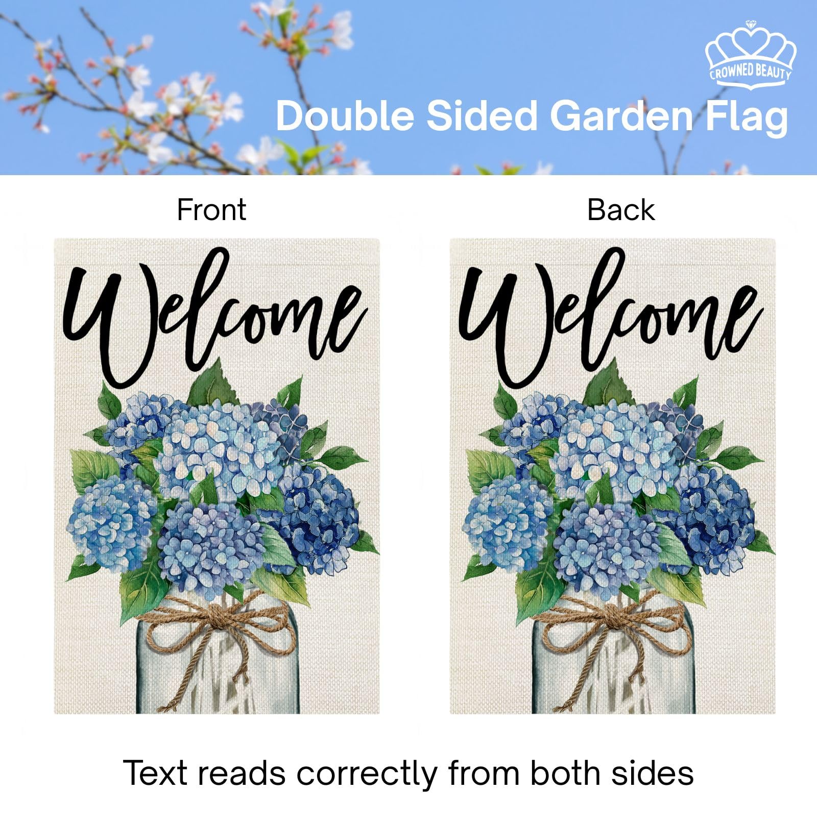 CROWNED BEAUTY spring flag displayed on porch for welcoming ambiance